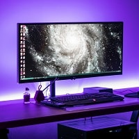 gaming desk with purple lighting