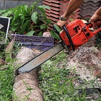 Man using the electric chainsaw at home